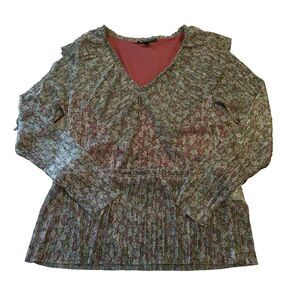 INC retro shimmer floral blouse XL metallic crinkle chiffon v neck ruffle top